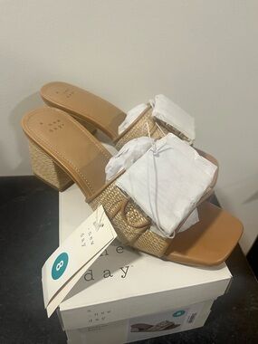 a new day Tan Woven Block Heel Slide Mules